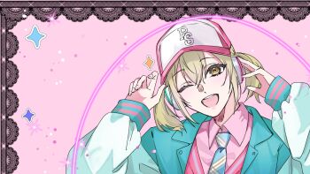 1girl azusawa_kohane baseball_cap brown_eyes brown_hair chako_(chaaaaa_1001) collared_shirt commentary_request fingernails hair_between_eyes hands_up hat headphones highres long_sleeves looking_at_viewer multicolored_necktie necktie official_alternate_costume one_eye_closed open_mouth pink_shirt project_sekai shirt short_twintails smile solo sparkle teeth twintails upper_body upper_teeth_only wing_collar