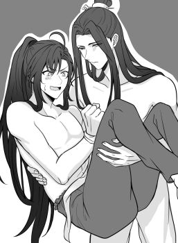 2boys ahoge aslle bishounen blush bound bound_wrists carrying chinese_clothes closed_mouth collarbone commentary_request couple greyscale highres lan_wangji long_hair looking_at_another male_focus modao_zushi monochrome multiple_boys open_mouth pants pectorals ponytail princess_carry sidelocks simple_background smile sweatdrop topknot topless_male very_long_hair wei_wuxian xiao_guan_(headdress) yaoi