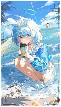 Rule 34 | 1boy, 2girls, absurdres, arona (blue archive), black hairband, blue archive, blue eyes, blue hair, blue halo, blue shirt, blush, bow hairband, braid, choker, closed mouth, colored inner hair, doodle sensei (blue archive), grey eyes, hair over one eye, hairband, halo, highres, mogurine, multicolored hair, multiple girls, ocean, pink hair, plana (blue archive), sailor collar, sensei (blue archive), shirt, shoes, single braid, skirt, smile, sneakers, squatting, traditional media, two-tone hair, viewfinder, white choker, white hair, white hairband, white sailor collar, white shoes, white skirt