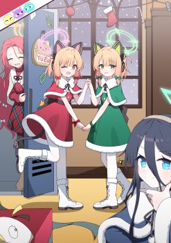 Rule 34 | absurdres, aris (blue archive), black hair, black pantyhose, blonde hair, blue archive, blue eyes, blue halo, boots, closed eyes, commentary request, green eyes, green halo, hagoonha, hair between eyes, halo, highres, korean commentary, long hair between eyes, midori (blue archive), momoi (blue archive), official art, one eye closed, orange halo, pantyhose, peroro (blue archive), pink eyes, pink halo, red hair, santa costume, white boots, white pantyhose, yuzu (blue archive)