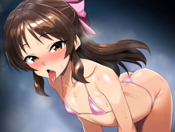 1girl ass bikini blush bow brown_eyes brown_hair flat_chest hadacra idolmaster idolmaster_cinderella_girls loli micro_bikini pink_bikini pink_bow seductive_gaze solo steam steaming_body string_bikini swimsuit tachibana_arisu tagme tongue tongue_out
