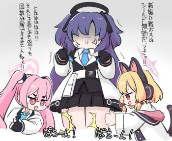 +_+ 3girls :d animal_ear_headphones animal_ears black_gloves black_jacket black_skirt blonde_hair blue_archive blue_necktie blush bow chibi clenched_hands collared_shirt faceless faceless_female fake_animal_ears fingerless_gloves gloves gradient_background grey_background hair_bow halo headphones hood hood_down hooded_jacket jacket koyuki_(blue_archive) long_hair long_sleeves miranofuudoria momoi_(blue_archive) multiple_girls necktie off_shoulder open_clothes open_jacket open_mouth pink_eyes pink_hair pleated_skirt profile puffy_long_sleeves puffy_sleeves purple_hair red_bow red_eyes shirt skirt slapping_thigh smile tail translation_request trembling twintails two_side_up very_long_hair white_background white_jacket white_shirt yuuka_(blue_archive)