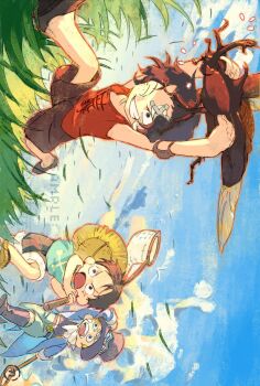 3boys aged_down ascot black_hair blonde_hair blue_hair brothers butterfly_net child coat goggles goggles_on_headwear hand_net hashtag-only_commentary hat highres holding holding_bug holding_butterfly_net monkey_d._luffy multiple_boys one_eye_closed one_piece portgas_d._ace running sabo_(one_piece) sample_watermark scar scar_on_face siblings siyangou49 smile straw_hat watermark white_ascot