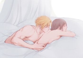 1boy 1girl back bed_sheet black_hair blonde_hair breast_press breasts closed_eyes closed_mouth cloud_strife collarbone commentary couple curtains final_fantasy final_fantasy_vii from_side hand_on_another&#039;s_waist hetero kiss kissing_back large_breasts linono long_hair lying morning nude on_stomach profile short_hair spiked_hair tifa_lockhart under_covers upper_body