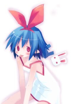 :p archived_source asami_natsuhito blue_hair blush collarbone disgaea dress hairband harada_takehito_(style) looking_at_viewer lowres medium_hair nippon_ichi pleinair rabbit red_eyes red_hairband red_ribbon red_trim ribbon shoulder_blush simple_background sitting solo_focus tongue tongue_out usagi-san white_background white_dress