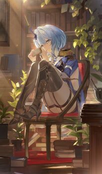 1girl absurdres black_shoes black_thighhighs blue_eyes blue_hair blue_jacket book book_stack bookshelf chair closed_mouth commentary_request duet_night_abyss epaulettes full_body garter_straps hair_between_eyes hair_intakes hataya highres holding jacket medium_hair plant potted_plant rhythm_(duet_night_abyss) shoes smile solo thighhighs thighs