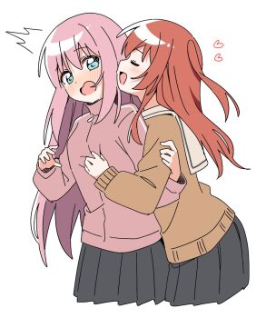 2girls :d ^^^ black_skirt blue_hair blush bocchi_the_rock! brown_shirt gotoh_hitori hair_between_eyes haru_(konomi_150) heart highres hug_from_side jacket kita_ikuyo long_hair long_sleeves multiple_girls one_side_up open_mouth pink_jacket pleated_skirt red_hair school_uniform shirt shuka_high_school_uniform simple_background skirt smile track_jacket very_long_hair wavy_mouth white_background yuri