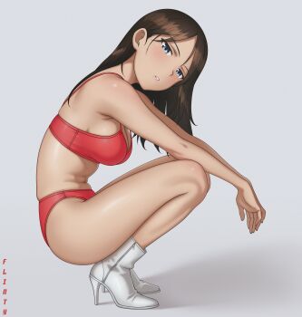 1girl absurdres blue_eyes boots breasts brown_hair buruma cleavage commentary flintard from_side full_body girls_und_panzer grey_background high_heel_boots high_heels highres large_breasts long_hair navel nonna_(girls_und_panzer) parted_lips red_buruma red_sports_bra simple_background solo sports_bra squatting stomach thighs white_boots