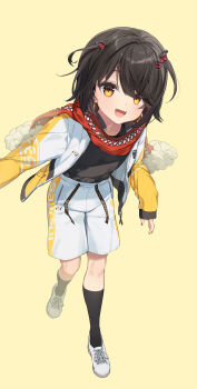 1boy absurdres alternate_costume black_hair black_shirt black_socks highres jacket looking_at_viewer mashiro_meme medium_hair nijisanji pants red_scarf scarf shirt shoes socks solo trap two_side_up virtual_youtuber white_jacket white_pants white_shoes yellow_eyes yuiitsu
