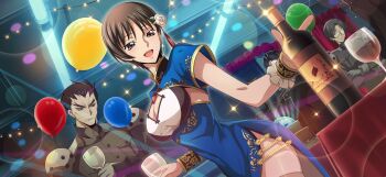 1girl 2boys alcohol armor artist_request asahina_shougo averting_eyes balloon blurry blush bokeh bottle breast_pocket breasts brown_eyes brown_hair buttons chiba_nagisa china_dress chinese_clothes cleavage cleavage_cutout closed_mouth clothing_cutout code_geass code_geass:_lost_stories covered_navel cowboy_shot cup depth_of_field dress drinking_glass dutch_angle female_focus floral_print floral_print_dress flower forked_eyebrows game_cg gold_trim hair_flower hair_ornament hands_up happy highres holding holding_drinking_glass indoors light_blush light_rays looking_to_the_side matching_hair/eyes medium_breasts military_uniform multiple_boys nervous non-web_source official_art open_mouth party people pocket print_dress reaching shiny_skin short_hair short_sleeves shoulder_armor side_slit sidelocks smile solo_focus sparkle standing sweat table tassel thighhighs toudou_kyoushirou white_flower wine wine_bottle wine_glass wrist_cuffs