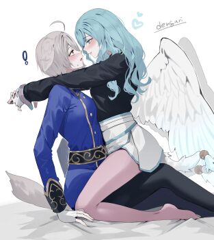 ! 2girls absurdres androgynous animal_ears aqua_hair arms_around_neck bird_girl bird_wings black_leggings blue_eyes blush breasts crossdressing crossdressing_(ftm) dog dog_ears dog_girl dog_tail eye_contact feathered_wings fire_emblem fire_emblem_shadows grey_hair heart highres kurt_(fire_emblem) leggings looking_at_another multiple_girls nintendo on_bed pink_leggings red_eyes reverse_trap rose_(fire_emblem) sakuramotikun sitting sitting_on_person small_breasts straddling tail white_background wings yuri