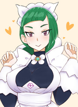 akaomisn apron aqua_hair ascot black_romper blunt_bangs bow bowtie braid braided_ponytail frilled_ascot frills half-closed_eyes highres juliet_sleeves lebanne_(pokemon) long_braid long_hair long_sleeves maid maid_apron maid_headdress nintendo pokemon pokemon_legends:_z-a puffy_sleeves romper smile sweatdrop white_bow white_bowtie