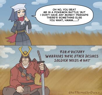 1boy 1girl 2koma akari_(pokemon) arm_behind_back armor artist_name brown_pants comic commentary crossover english_commentary english_text explosive give_me_your_hat_(meme) grass grenade grin haiku headscarf helmet highres japanese_armor kabuto_(helmet) katana meme naughty_face nintendo outdoors pants pauldrons poem pokemon pokemon_legends:_arceus red_scarf red_soldier_(tf2) scarf shoulder_armor single_pauldron sitting smile sode soldier_(tf2) speech_bubble standing sword team_fortress_2 thef1amethr0wer weapon white_headscarf