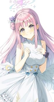 1girl angel_wings black_scrunchie blue_archive blush breasts buttons closed_mouth collarbone commentary_request crescent dress feathered_wings flower gradient_hair hair_bun hair_flower hair_ornament halo hands_on_own_chest highres large_breasts long_hair looking_at_viewer low_wings mika_(blue_archive) multicolored_hair pink_hair pink_halo purple_flower scrunchie simple_background single_hair_bun single_side_bun sleeveless sleeveless_dress smile solo take5321 very_long_hair white_background white_dress white_wings wing_ornament wings wrist_scrunchie yellow_eyes