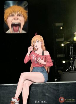 1boy 1girl absurdres blonde_hair blue_shorts breasts chainsaw_man commentary concert cross-shaped_pupils crossed_legs demon_horns denim denim_shorts denji_(chainsaw_man) dismaiden drum drum_set english_commentary fan_screaming_at_madison_beer_(meme) fellatio_gesture grabbing_own_breast hair_between_eyes highres horns instrument large_breasts long_hair_between_eyes meme patreon_logo patreon_username photo_background pink_shirt power_(chainsaw_man) red_horns screaming sharp_teeth shirt short_shorts shorts sitting stage symbol-shaped_pupils teeth yellow_eyes