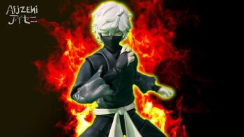 bad_tag 1boy 2023 action_figure aijzeni bandai bandai_namco belt fighting_stance fire gabimaru glowing highres jigokuraku mask mouth_mask ninja ninja_mask s.h.figuarts self-upload studio_mappa tamashii tamashii_nations toy watermark white_hair yellow_eyes