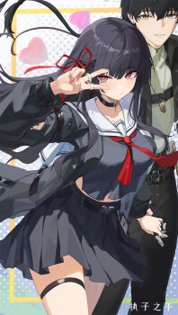 1boy 1girl absurdres arm_cutout black_choker black_hair black_jacket black_pants black_serafuku black_skirt chisa_(wuthering_waves) choker closed_mouth clothing_cutout commentary_request cowboy_shot earrings grey_shirt hair_ribbon haohaomaster heart highres holding_hands jacket jewelry long_hair long_sleeves looking_at_viewer male_rover_(wuthering_waves) neckerchief pants parted_lips pleated_skirt polka_dot polka_dot_background red_eyes red_neckerchief red_ribbon ribbon rover_(wuthering_waves) sailor_collar school_uniform serafuku shirt skirt stud_earrings tacet_mark_(wuthering_waves) thigh_strap v white_sailor_collar wuthering_waves yellow_eyes