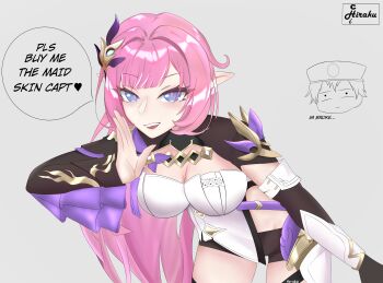 1boy 1girl absurdres artist_name black_shorts black_shrug blue_eyes breasts captain_(honkai_impact) cleavage commentary corset elf elysia_(honkai_impact) elysia_(miss_pink_elf)_(honkai_impact) english_commentary english_text hair_ornament highres hiraku_chi honkai_(series) honkai_impact_3rd large_breasts medium_breasts open_mouth pink_hair pointy_ears short_shorts shorts shrug_(clothing) simple_background speech_bubble thighs white_corset