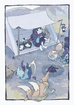 1girl akari_(pokemon) barefoot bird black_hair border brown_fur buneary dewott eevee floatzel gen_1_pokemon gen_4_pokemon gen_5_pokemon hair_ornament hairclip lantern long_hair luxio nintendo pantyhose pokemon pokemon_(creature) pokemon_legends:_arceus rain red_scarf sash scarf shoes sitting starly tent two-tone_fur unworn_shoes white_border yurano_(upao)