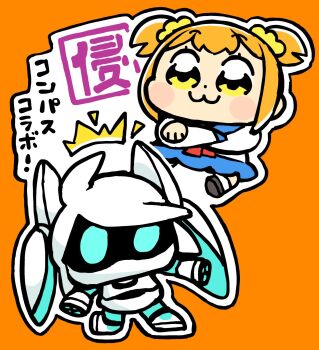 #compass 2girls :3 ahoge aqua_eyes aqua_hair arm_cannon bkub blank_eyes blue_sailor_collar blue_skirt blush_stickers brown_shoes chibi chibi_only closed_mouth crossed_arms dot_nose dual_arm_cannons full_body hair_ornament hair_scrunchie highres humanoid_robot long_hair long_sleeves multicolored_hair multiple_girls neckerchief no_mouth orange_background orange_hair poptepipic popuko red_neckerchief robot sailor_collar school_uniform scrunchie serafuku shirt shoes short_hair sidelocks simple_background skirt socks translation_request twintails two-tone_hair two_side_up voidoll weapon white_hair white_shirt white_socks yellow_eyes yellow_scrunchie