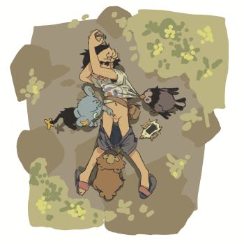 1boy bidoof feet flip-flops gen_4_pokemon highres kenoru male_focus navel nintendo no_socks open_mouth outdoors pokemon pokemon_(creature) pokemon_legends:_arceus rei_(pokemon) sandals shinx shota solo_focus starly tagme toes undressing undressing_another unworn_sandals