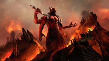 1boy 3d armor axe bare_tree battle_axe black_cloak black_skirt chainmail chest_tattoo cloak cloud cloudy_sky colored_skin commentary demon demon_boy english_commentary extra_arms fire giant grey_sky hell highres holding holding_axe hood hooded_cloak horns jacquelineleaevans lava light_particles male_focus mehrunes_dagon muscular muscular_male official_art open_hands orange_sky people pointy_ears poster_(medium) red_skin shoulder_armor size_difference skirt sky smoke stairs standing tattoo the_elder_scrolls the_elder_scrolls_iv:_oblivion the_elder_scrolls_online topless_male tower tree weapon
