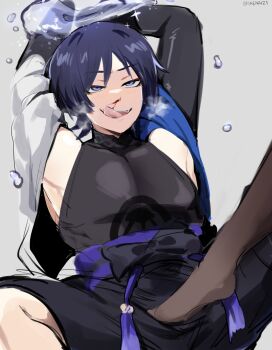 1boy :d absurdres arms_up aroused_nosebleed black_bodysuit black_bow black_bridal_gauntlets black_hair black_shorts blood blunt_ends bodysuit bound bound_wrists bow bridal_gauntlets brown_pantyhose choppy_bangs eyeliner eyeshadow foreplay genshin_impact grey_background highres japanese_clothes kimono kurenaiz_(kuayrenaiz) licking_blood light_blush looking_past_viewer makeup nosebleed open_clothes open_kimono open_mouth pantyhose purple_eyes red_eyeliner red_eyeshadow scaramouche_(genshin_impact) shorts sketch smile steaming_body stepped_on tassel teeth tsurime twitter_username upper_teeth_only wanderer_(genshin_impact) water water_drop white_kimono