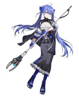 1girl absurdres black_cape black_shirt black_skirt blue_boots blue_bow blue_eyes blue_gloves blue_hair blue_shirt boots bow breasts cape cleavage cleavage_cutout clothing_cutout fingerless_gloves full_body gloves hair_bow highres holding holding_polearm holding_weapon large_breasts long_hair long_skirt multicolored_shirt original polearm puffy_sleeves shirt simple_background skirt solo twintails weapon white_background white_shirt wuren