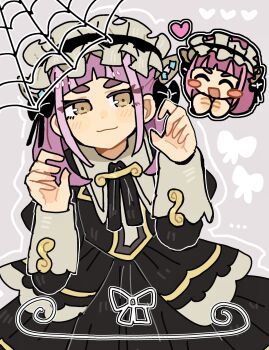 Rule 34 | 1girl, black bow, black dress, blush stickers, bow, brown eyes, claw pose, closed eyes, closed mouth, dress, hair bow, han0579, highres, lacey (fall 2025) (pokemon), lacey (pokemon), long sleeves, looking at viewer, maid, maid headdress, multiple views, nintendo, official alternate costume, open mouth, pink hair, pokemon, pokemon masters ex, short hair, silk, spider web