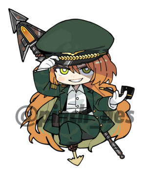 Rule 34 | 1girl, collared shirt, gloves, green eyes, green hat, green jacket, green pants, grin, harpoon, hat, holding, holding smoking pipe, ishmael (project moon), jacket, limbus company, long hair, looking at viewer, orange hair, pants, peg leg, pequod (identity) (project moon), pinch (nesume), project moon, shirt, simple background, smile, smoking pipe, solo, very long hair, white background, white gloves, white shirt
