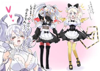 1boy 2girls albaz_(yu-gi-oh!) arianna_the_labrynth_servant arianna_the_labrynth_servant_(cosplay) arianne_the_labrynth_servant arianne_the_labrynth_servant_(cosplay) black_bra black_dress black_gloves black_skirt black_tail blonde_hair blue_eyes bra breasts cleavage closed_eyes cosplay crossdressing crossdressing_(mtf) dark-skinned_male dark_skin dress duel_monster ecclesia_(yu-gi-oh!) full_body gloves grey_hair heart high_ponytail large_breasts lovely_labrynth_of_the_silver_castle maid maid_headdress male_maid medium_breasts multicolored_hair multiple_girls okirune_(yappa_neruwa) pointy_ears ponytail red_wings skirt streaked_hair striped_tail tail thighhighs translation_request twintails two-tone_tail underwear wings yellow_tail yellow_thighhighs yellow_wings yu-gi-oh!