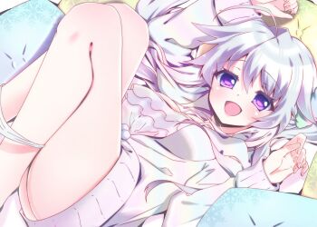 1girl 9-nine- :d ahoge blush breasts commentary_request dutch_angle eyelashes eyes_visible_through_hair feet_out_of_frame frilled_pajamas frills grey_hair hair_between_eyes hair_ornament hair_scrunchie hair_spread_out hands_up happy head_on_pillow highres knees_up long_hair looking_at_viewer lying medium_breasts niimi_sora official_alternate_costume on_back open_mouth pajamas panties panty_pull pillow pom_pom_(clothes) print_pillow purple_eyes scrunchie sidelocks sleeves_past_wrists smile snowflake_print solo striped_clothes striped_pajamas striped_scrunchie sukonbu385 thighs underwear white_panties