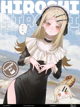 Rule 34 | ..., 1girl, absurdres, bilibili username, blush, brown hair, character name, chinese commentary, closed mouth, commentary request, commission, cowboy shot, donut, dutch angle, earrings, food, frilled hairband, frills, gakuen idolmaster, hair ornament, hairband, hairclip, highres, idolmaster, jewelry, long hair, looking at viewer, mihuashi username, nun, orange hair, own hands together, shinosawa hiro, side slit, sleeve cuffs, spoken ellipsis, twitter username, vaporsama