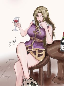 1girl alcohol blonde_hair bottle breasts cup drinking_glass elbow_on_table foot_out_of_frame green_eyes highres long_hair looking_at_viewer mystina_(valkyrie_profile) open_mouth phoenix_papatis red_wine signature sitting skirt slippers solo valkyrie_profile_(series) valkyrie_profile_1 wine wine_bottle wine_glass
