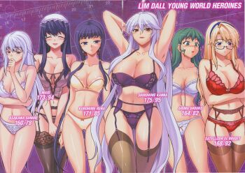 6+girls adjusting_hair ahoge arima_shouko asakawa_sumire blush bow bra breast_envy breasts bust_chart bustier chart cleavage closed_eyes crossover freezing_(series) garter_belt green_eyes green_hair hair_bobbles hair_bow hair_ornament headdress highres kurohime_rena large_breasts lingerie long_hair maid_(phantom_king) measurements moonzero_(cdggam) multiple_girls onihime_vs panties phantom_king purple_eyes purple_hair quad_tails red_eyes satellizer_el_bridget shirohime_kanna smile thighhighs underwear very_long_hair zero_(series)