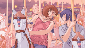 1boy 1girl alternate_costume amusement_park bare_arms bare_shoulders blue_eyes blue_hair blue_pants blush brown_eyes brown_hair camisole carousel casual cloud cloudy_sky collarbone commentary couple dating earrings english_commentary flipped_hair full_moon happy heart heart_necklace horse jewelry looking_at_another looking_to_the_side moon necklace night night_sky open_mouth outdoors paaaatchieee pants persona persona_3 pink_camisole profile shirt short_hair short_sleeves sitting sky smile spaghetti_strap stud_earrings takeba_yukari upper_body white_shirt yuuki_makoto_(persona_3)