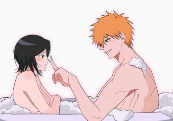 1boy 1girl bathing bathtub black_hair bleach blush brown_eyes commentary_request completely_nude couple crossed_arms flirting from_side frown gwao_(_ul_13) hand_up hetero highres index_finger_raised korean_commentary kuchiki_rukia kurosaki_ichigo looking_at_another muscular muscular_male nude orange_hair parted_lips partially_submerged poking_nose profile purple_eyes shared_bathing short_hair simple_background smile soap_bubbles spiked_hair straight_hair tsurime v-shaped_eyebrows wet white_background