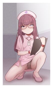 1girl annoyed brown_hair clipboard dress fallenshadow glasses hair_ornament hairclip hat highres holding holding_clipboard id_card indie_virtual_youtuber loli long_hair looking_at_viewer nurse nurse_cap on_one_knee panties pantyshot pettan_(zeez4743) pink_dress pink_hat pink_shoes shoes short_dress short_sleeves solo spread_legs striped_clothes striped_panties thighs underwear upskirt virtual_youtuber