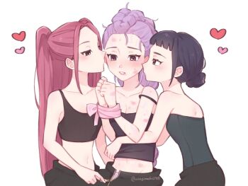 3girls bare_arms bare_shoulders black_hair black_tank_top blush bound bound_wrists breasts cleavage commentary girl_sandwich hair_bun heart highres kpop_demon_hunters lipstick_mark lipstick_mark_on_arm lipstick_mark_on_breast lipstick_mark_on_face lipstick_mark_on_neck lipstick_mark_on_stomach long_hair mira_(kpop_demon_hunters) multiple_girls parted_lips ponytail purple_eyes purple_hair red_hair ribbon ribbon_bondage rumi_(kpop_demon_hunters) sandwiched strap_slip tank_top undressing_another unzipping usagimochi0728 yuri zoey_(kpop_demon_hunters)