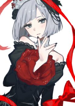 1girl bare_shoulders black_dress black_hat black_nails blue_eyes blunt_bangs blunt_ends bob_cut bow commentary dress english_commentary grey_hair grin hand_up hat juliet_sleeves kaniwotome long_sleeves looking_at_viewer mercuria_(reverse:1999) off-shoulder_dress off_shoulder official_alternate_costume puffy_sleeves red_bow reverse:1999 smile solo upper_body white_background