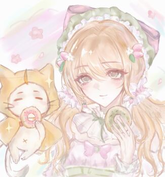 Rule 34 | 1girl, = =, absurdres, ahoge, animal, bare shoulders, beret, blonde hair, bow, bowtie, brooch, cat, chinese commentary, cloak, closed mouth, clothed animal, collar, commentary request, country lolita, detached collar, donut, dress, ear covers, eyelashes, flower, food, food-themed hair ornament, frilled collar, frilled headwear, frills, green eyes, green hat, hair between eyes, hair flower, hair ornament, hair scrunchie, happy, hat, hat bow, highres, holding, holding food, hood, hood up, hooded cloak, infinity nikki, jewelry, large bow, light blush, lolita fashion, long hair, looking ahead, low twintails, momo (nikki), navel, nikki (series), off-shoulder dress, off shoulder, pink bow, pink bowtie, pink dress, pink flower, pink scrunchie, puffy short sleeves, puffy sleeves, rainbow, red bow, red bowtie, scrunchie, shadiaoyige48830, short sleeves, smile, sparkle, strawberry hair ornament, stylist (nikki), twintails, upper body, whiskers, white background, white cat, white collar, white flower, white wrist cuffs, wrist cuffs, yellow cloak