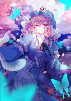 1girl absurdres aqua_butterfly black_ribbon blue_hat blue_kimono blurry blurry_foreground bow breasts cherry_blossoms commentary_request contrast_collar depth_of_field falling_petals frilled_bow frilled_hat frilled_kimono frilled_sailor_collar frills hat highres hitodama japanese_clothes kimono large_breasts light_smile looking_at_viewer medium_hair neck_ribbon outdoors petals pink_hair purple_bow ribbon saigyouji_yuyuko sailor_collar solo touhou touhou_project_exhibition:_harajuku_gensoukyou_2025_official triangular_headpiece