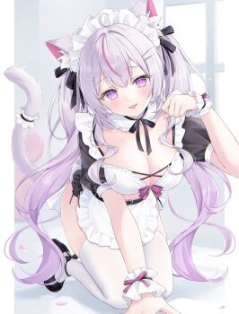 1girl :3 absurdres ahoge all_fours animal_ears apron belt black_shoes breasts cat_ears cat_girl cat_tail cleavage closed_mouth commentary_request crop_top detached_collar gradient_hair hair_ribbon heart heart_o-ring highres large_breasts long_hair looking_at_viewer maid maid_apron maid_headdress midriff multicolored_hair neck_ribbon o-ring original paw_pose purple_eyes purple_hair ribbon shano_hiyori shoes short_sleeves skindentation smile solo streaked_hair tail thighhighs tongue tongue_out twintails very_long_hair waist_apron white_hair white_thighhighs wrist_cuffs