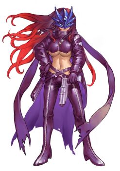 1girl absurdres beelstarmon beelstarmon_(cosplay) black_coat black_gloves black_pants blue_eyes blue_mask borrowed_character breasts cable coat commission cosplay cropped_vest digimon dual_wielding eye_mask full-length_zipper full_body gloves gun hand_on_own_hip high_collar high_heels highres holding holding_gun holding_weapon kayaya_(kiryuushi) large_breasts leather leather_coat leather_pants long_hair long_sleeves looking_at_viewer mask multiple-barrel_gun original pants red_hair smile solo standing third_eye tight_clothes tight_pants underboob vest weapon zipper