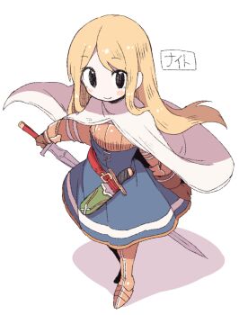 1girl armored_boots black_eyes blonde_hair blue_skirt blush_stickers boots dokan_(dkn) final_fantasy final_fantasy_tactics high-waist_skirt holding holding_sword holding_weapon knife_sheath knight_(fft) long_hair looking_at_viewer shadow sheath simple_background skirt smile solo sword translated weapon white_background