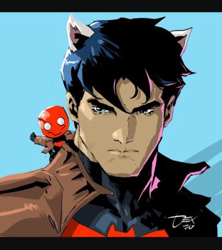 Rule 34 | batman (series), batman symbol, black hair, bodysuit, dc comics, dexter soy, gloves, helmet, highres, jason todd, male focus, multicolored bodysuit, muscular, red hood and the outlaws, short hair, simple background, superhero costume, taut bodysuit, two-tone bodysuit, upper body, western comics (style), white eyes