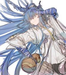Rule 34 | 1girl, arknights, blue hair, dabaidepaoxiao, highres, ling (arknights), long hair, looking to the side, pointy ears, solo, unfinished