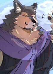 Rule 34 | 1boy, animal ears, bara, black skirt, claws, dog boy, dog ears, furry, furry male, highres, live a hero, looking at viewer, male focus, one eye closed, pawpads, pectorals, pubraseer (live a hero), purple eyes, purple sweater, shirt, skirt, sleeveless, sleeveless shirt, smile, star (symbol), sweater, sweater around neck, upper body, v, wang yzzx