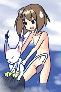 1girl animal brown_eyes brown_hair cat claw_mark claws closed_eyes collarbone convenient_censoring digimon digimon_adventure drantyno female_focus flat_chest loli navel nipples nude onsen open_mouth pulling rock short_hair smile standing sweatdrop tailmon teeth water white_fur yagami_hikari