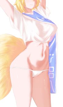 1girl arms_up blonde_hair blue_tabard blush breasts commentary covered_erect_nipples cropped_shirt eyes_out_of_frame fang fox_girl fox_tail hahako_(artist) head_out_of_frame kitsune kyuubi large_breasts light_smile linea_alba multiple_tails navel no_pants panties see-through_silhouette shirt shirt_overhang short_hair simple_background skin_fang solo stomach symbol-only_commentary tabard tail thighs touhou underwear white_background white_panties white_shirt yakumo_ran